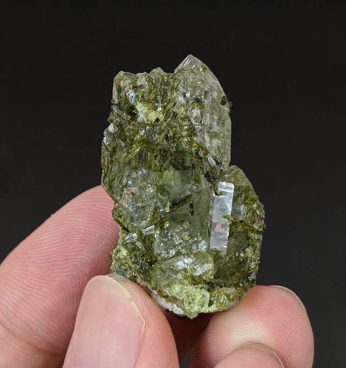 ARSAA GEMS AND MINERALSGreen epidote inclusion in transparent quartz crystal from Pakistan, weight: 16.7 grams - Premium  from ARSAA GEMS AND MINERALS - Just $30.00! Shop now at ARSAA GEMS AND MINERALS