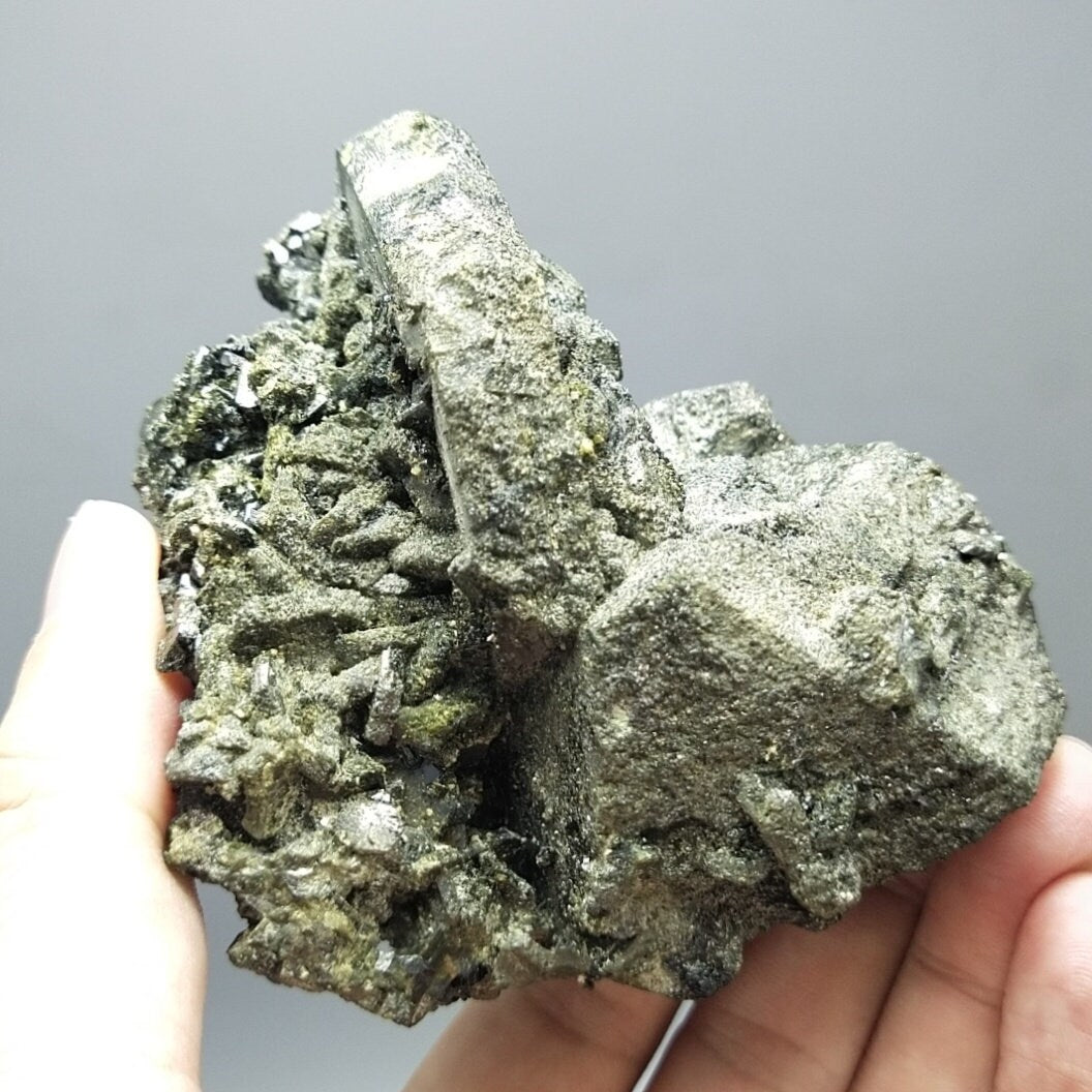 ARSAA GEMS AND MINERALSPseudooctahedral epidote cluster with magnetite and titanite spray on it from Kharan Baluchistan Pakistan, 477 grams - Premium  from ARSAA GEMS AND MINERALS - Just $150.00! Shop now at ARSAA GEMS AND MINERALS